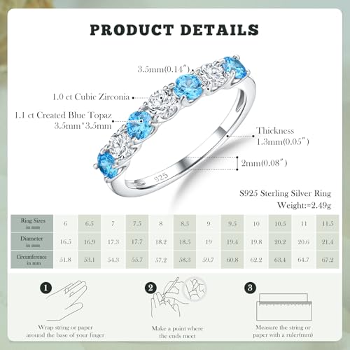 3.5mm Stackable Rings S925 Sterling Silver Created Birthstone & Cubic Zirconia Ring for Women Wedding Bands Anniversary Birthday Jewelry Size 6 to 10(with Box) - color: 12-Created Blue Topaz & CZ-Dec