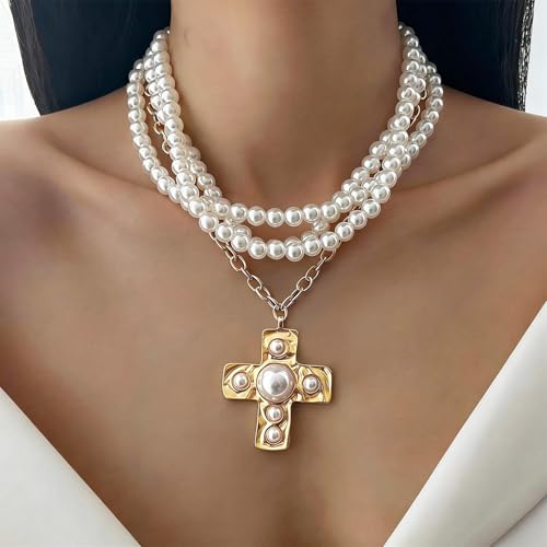 Chunky Cross Necklace for Women Chunky Gold Necklace Statement Cross Pendant Vintage Toggle Clasp Necklace Jewelry for Women - color: G1-Gold Cross Necklace