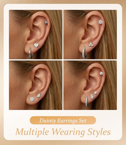 Incaton Hypoallergenic Flat Back Earrings for Women Silver 14K Gold Plated Surgical Stainless Steel Stud Earrings Cubic Zirconia Cartilage Studs Earrings For Multiple Piercing Sensitive Ears - color: 2-SILVER