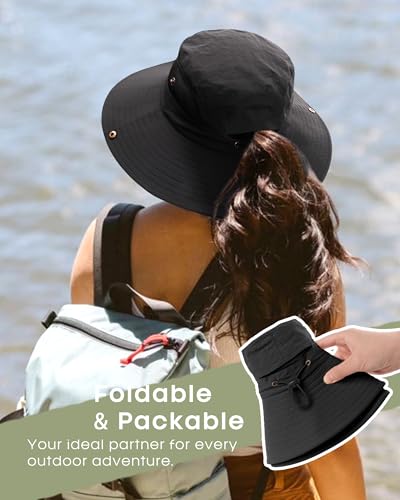 FURTALK Womens Sun Hat with Ponytail Hole Beach Hiking Summer Wide Brim UPF 50+ Outdoor Protection Foldable Bucket Hat - color: Black