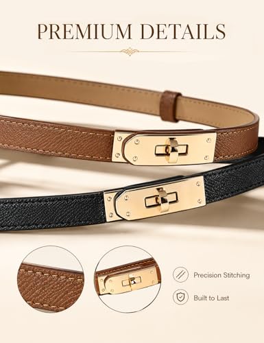 BEMYLV Skinny Belts for Women Dresses Turn-Lock Gold Buckle Adjustable Fashion Waist Belt for Pants Jeans Business Casual - color: Black+brown