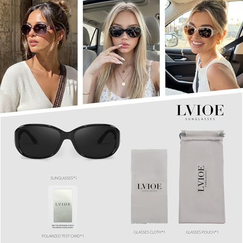 LVIOE Trendy Sunglasses for Women, Polarized Chic Wrap Around Sun Glasses UV400 Protection - color: A2 Black Frame/Grey