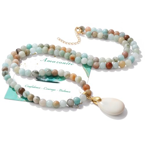 Healing Crystal Necklaces for Women Trendy Natural Stone Beaded Long Pendant Necklaces for Womens Handmade Bohemian Fashion Necklace Jewelry Gift - color: Amazonite