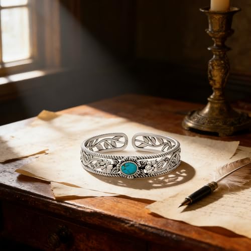 Genuine Turquoise Bracelet Cuff Bracelet for Women Mom 925 Sterling Silver Natural Turquoise Bangles Vintage Bracelet Boho Jewelry for Birthday Christmas Mother's Day Valentine's Day - style: Flower and Leaf