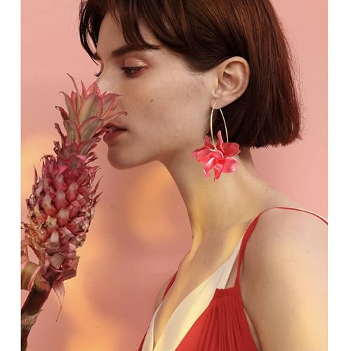 Exaggerated Bohemian Resin Rose Flower Petal Dangle Drop Earrings Long Acrylic Tiered Floral Tassel Earring for Women - color: Pearl Red