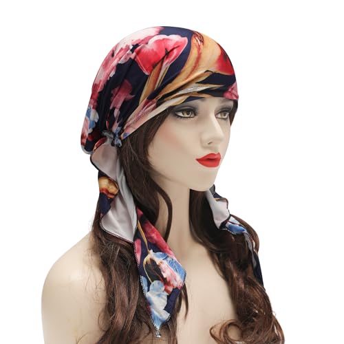 ZLYC Chemo Headwear Pre Tied Head Scarf Headwraps Lightweight Turban Beanie Cap for Women - color: Flower Black