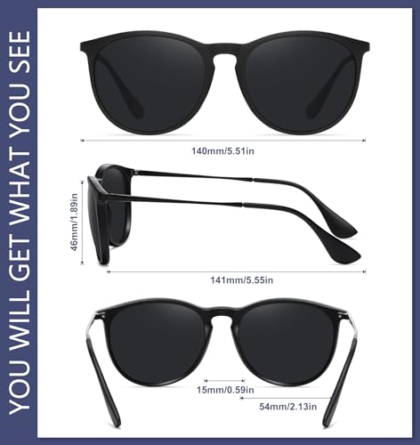 WOWSUN Retro Polarized Sunglasses Womens Trendy Round Classic Glasses - color: (2 Pack) Yellow Leopard Frame Black Lens+matte Black Frame Grey Lens