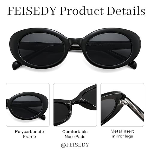 FEISEDY Sunglasses Womens, Retro Oval Cateye Sun Glasses Men, Small 90s Style B4128 - color: Black