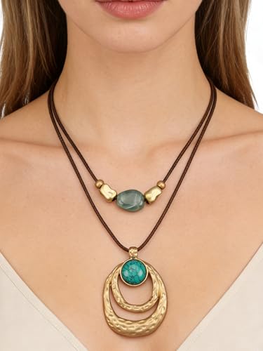 Boho Necklace for Women Adjustable Silicone Rope with Gold Beaded Pendant Chunky Handmade Vintage Jewelry - style: Blue Turquoise Necklace