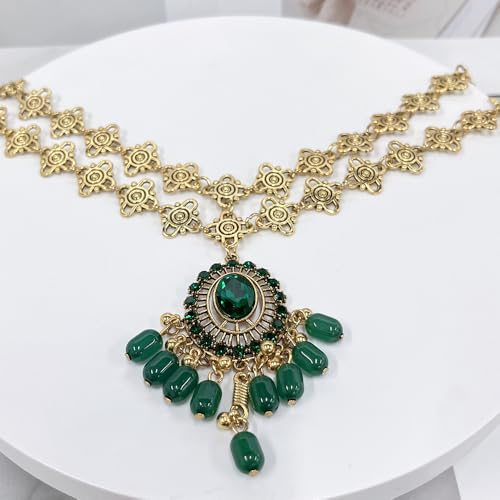 Boho Headband for Women Elegant Bridal Wedding Headpiece Cubic Zirconia Vintage Jhumka Bead Tassel Festival Gold Plated Adjustable Forehead Chain Bollywood Party Accessories Jewelry (Green, Gold) - color: Green