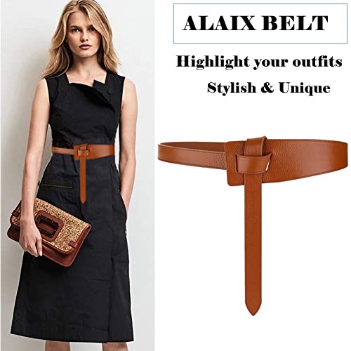 ALAIX Women's Leather Belt Dress Belt for Jeans Jumpsuit Coat Fashion Tie a Knot Genuine Leather Waist Belt - color: Brown, size: Waist Size up to 39 inches
