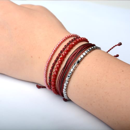 Mezcla Vida Handmade Waterproof Rope Bracelets Pack String & Beaded Bracelet Stack - Set of 5 Stackable Bracelets For Women, Summer Accessories & Bohemian Bracelets for Teen Girls - color: Dark Red