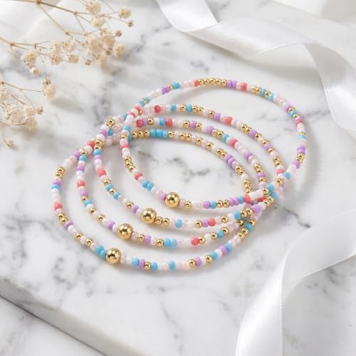 Boho 4Pcs Stack Colorful Small Seed Beaded Bracelets Set for Women, Cute Handmade Dainty Trendy Gold Plated Stretch Accessories Thin Glass Jewelry, Summer Daily Party Friendship Gift - color: Purple White