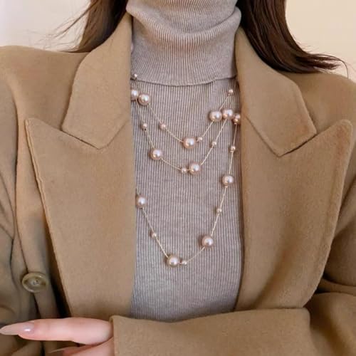 Layered Pearl Necklaces for Women Big Pearl Long Chain Necklace Dainty Faux Pearl Necklaces Statement Sweater Strand Chain Jewelry - style: champagne
