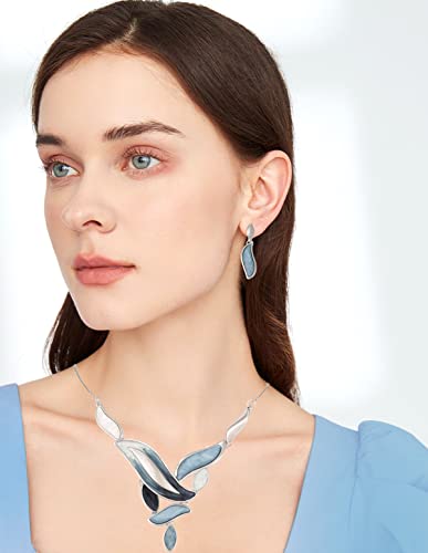 Vintage Chunky Statement Jewelry Set Retro Leaf Floral Geometric Bohemian Boho Bib Necklace Earring Set Fashion Costume Jewelry for Women Girls Wedding Party Prom Unique Gift - style: leaf wave-grey blue