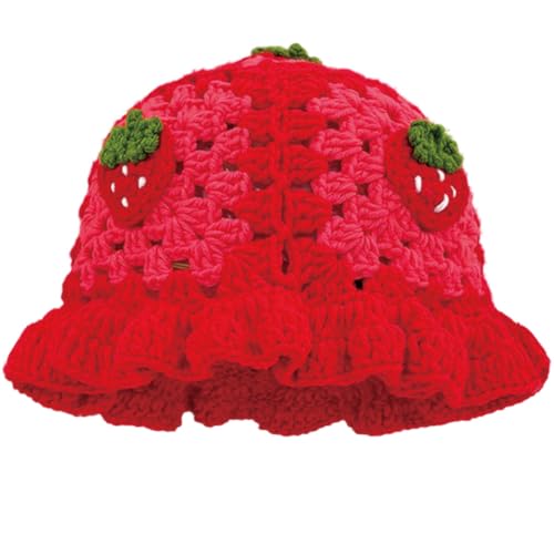 KORADI Womens Crochet Bucket Hat Ruffled Brim Knitted Hats Winter Boho Handmade Caps - color: Red-strawberry