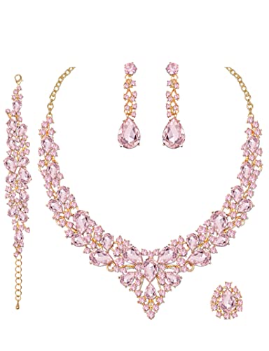 CSY 4 Pcs/Set Austrian Crystal Necklace Earrings Bracelet Ring Bridal Jewelry Sets for Brides Wedding Party Costume Accessories Gifts for Women - color: 02-gold plated-pink