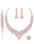 CSY 4 Pcs/Set Austrian Crystal Necklace Earrings Bracelet Ring Bridal Jewelry Sets for Brides Wedding Party Costume Accessories Gifts for Women - color: 02-gold plated-pink