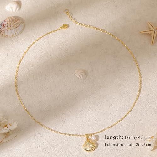 Ewrkbr Gold Necklace for Women,14K Gold Plated Shell Starfish Beach Necklaces Cute Boho Pendant Necklace Fashion Summer Waterproof Pearl Jewelry for Women - color: NK-shell