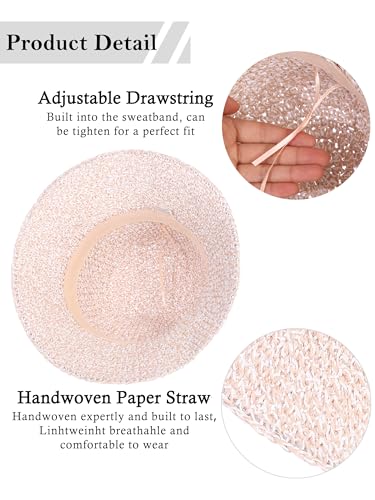 Womens Sun Hat Handmade Crochet Straw Bucket for Summer Foldable Travel Cap - color: Beige & Pink