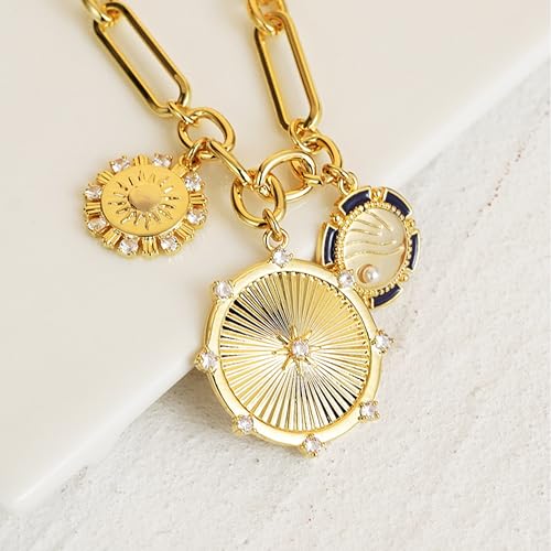 Sun Coin Charm Choker Necklace for Women Men 18K Gold Plated With Zircons Inlaid Pendants Thick Chunky Paperclip Chain Hip Hop Necklace Unisex Jewelry Cuban Link Chain Trendy