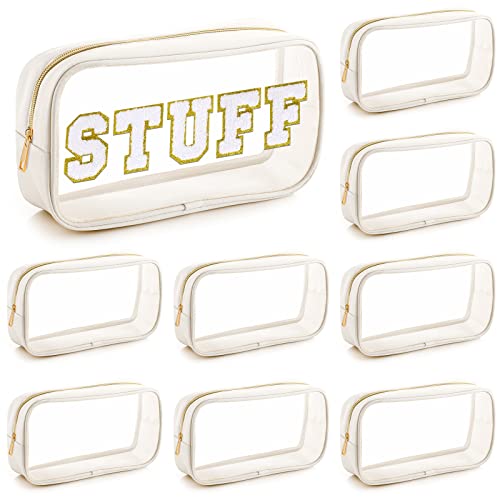 9 Pcs Preppy Clear Makeup Bag DIY Chenille Letter Pouch Large Nylon Makeup Bag Travel Toiletry Zipper Cosmetic Organizer Pouch PVC Bags for Women, 9.5 x 5.1 x 2.8 Inch(Cream White) - color: Cream White