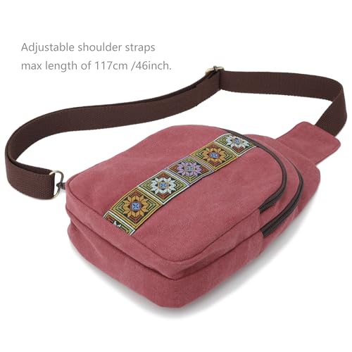 SILKAREA Canvas Sling Bag for Wome Crossbody Purse Small Sling Backpack Purse Travel Hiking Chest Bag Daypack - color: Wine Red