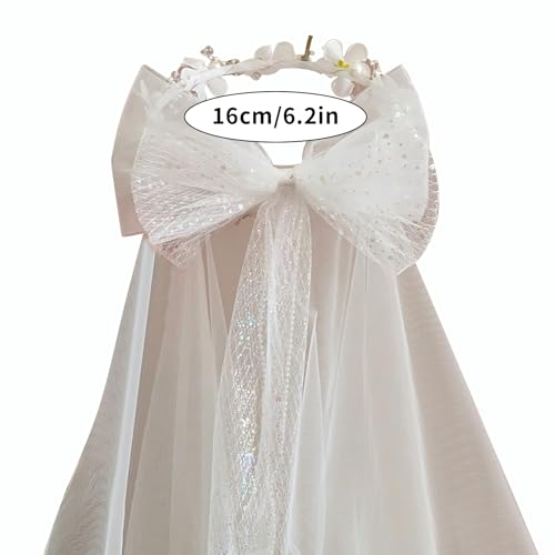 Artificial Flower Crown Headband for Women Girls – Boho Floral Wreath Halo for Weddings, Photoshoots, Festivals, Birthdays, and Costume Parties (White Flower Bowknot, Adjustable) - color: White Flower Bowknot