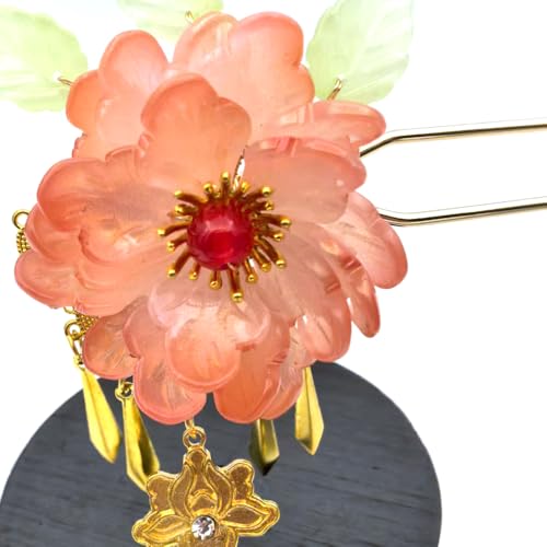 Pink Peony Resin Hairpin with Elegant Tassel - Chinese Hanfu Vintage Floral Hair Stick for Women, Romantic Hair Accessory (Pink Peony) - color: Pink Peony