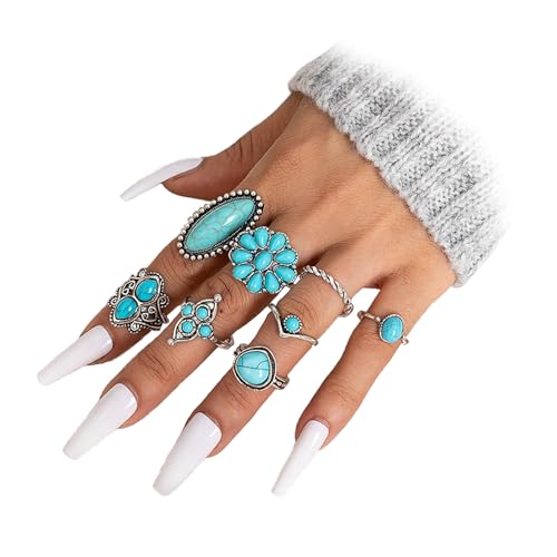 Bohemian Turquoise Ring Set for Women,Vintage Gem Turquoise Opal Joint Knuckle Stackable Rings Chunky Boho Midi Ring Pack Punk Western Ring Mixed Size - style: Style A