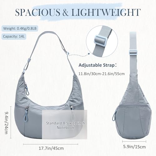 VASCHY Crossbody Crescent Bag for Women, Casual Lightweight Nylon Large Slouchy Hobo Bags Purses for Travel/Gym/Work/College - color: Light Blue