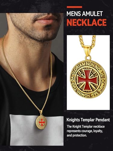 FaithHeart Knights Templar Necklace for Men, Christian Necklace for Men Stainless Steel Pendant Neckalces Christian Gifts with Gift Box - color: 04. Medal-Gold(Custom)