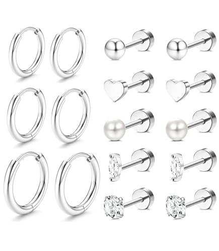 Incaton Hypoallergenic Flat Back Earrings for Women Silver 14K Gold Plated Surgical Stainless Steel Stud Earrings Cubic Zirconia Cartilage Studs Earrings For Multiple Piercing Sensitive Ears - color: 3-SILVER