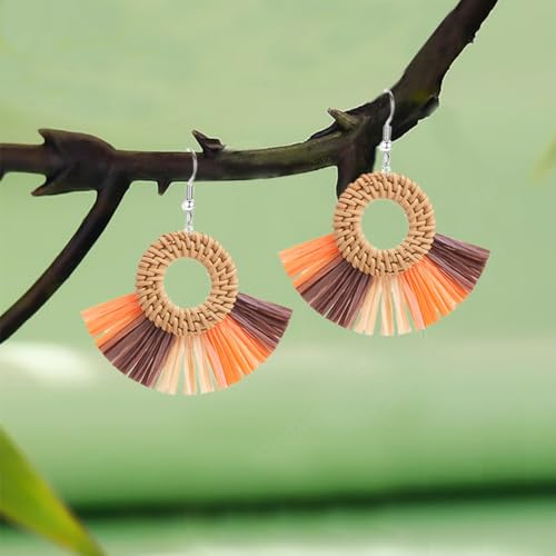 Boho Summer Beach Earrings for Women Lightweight Straw Wicker Earring Statement Raffia Fan Round Tassel Dangle Drop Earrings Hawaii Jewelry - style: Orange Round