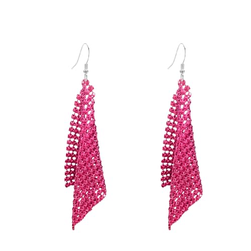 Sequin Earrings for Women Metal Mesh Grid Sequins Tassel Long Drop Dangle Earrings Trendy Charms Bridal Wedding Jewelry - color: Rose Red