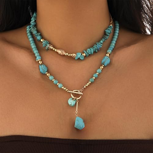 Gold Turquoise Beaded Necklace for Women Layered Bead Necklaces Vintage Turquoises Choker Necklace Boho Turquoises Jewelry Western Handmade Toggle Jewelry - color: 2PCS Turquoise Necklace