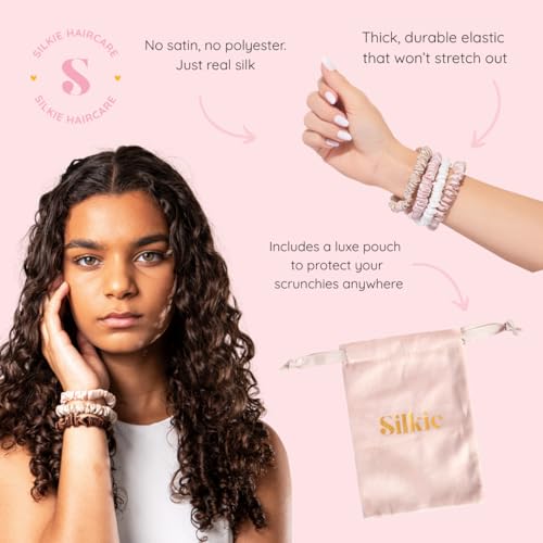 SILKIE x4 Set 100% Pure Mulberry Silk Black Brown Chocolate Pink Nude Neutral Skinny Scrunchies Travel Pouch Everyday Hair Ties Elastics Hair Care Ponytail Holder No Damage (Champagne) - color: Champagne