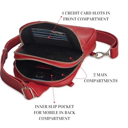 Leather Sling Bag for Women Genuine Crossbody Purse Small Trendy Cross Over Chest with Phone and Credit Card Slots (Red Nappa) - color: Red Nappa
