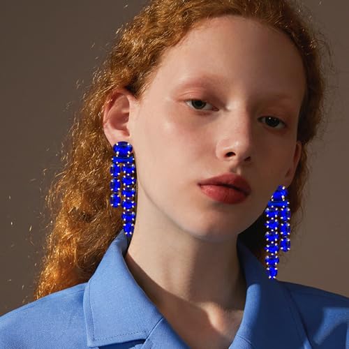 Boho Large Sparkly Rhinestones Teardrop Drop Dangle Earrings Long Tassel Full Crystals Chain Earrings for Women Wedding - style: Blue
