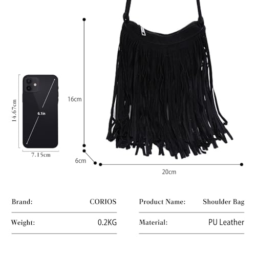 CORIOS Women's PU Leather Shoulder Bag Bohemian Fringe Crossbody Bag for Women Stylish Tassel Design Tote Handbag - color: Black