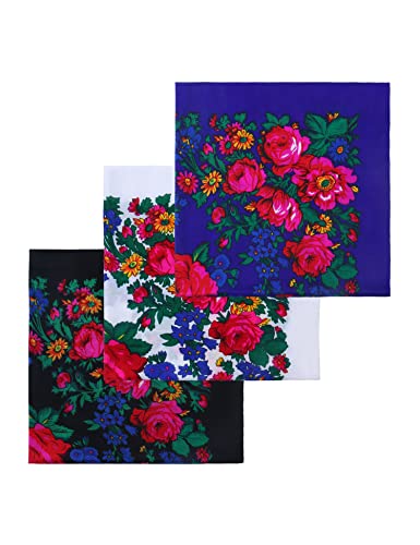 MJ SERECA Acrylic Bandana Printed Hair Scarf Square Ukrainian Head Scarf Floral Babushka Neck Scarf for Women 30"/42"/60" - color: 3 Pack-e 30"