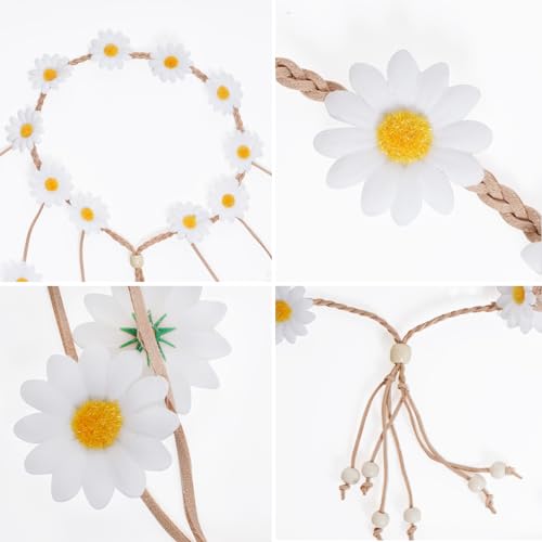Sucrain 2pcs Flower Hippie Headband Floral Crown Summer Sunflower Hair Accessories for 70s Bohemian Costumes Style for Women (White+Colorful) - color: White+Colorful