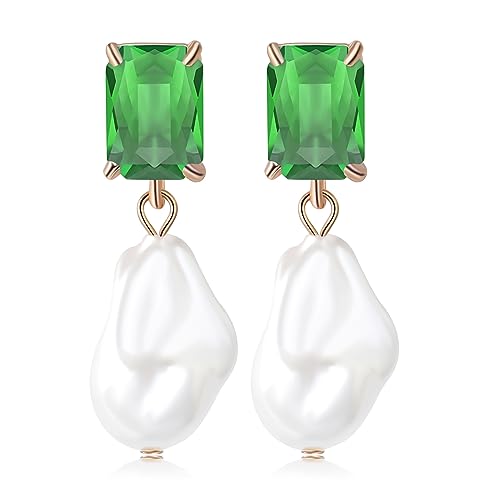 Fashion Pearl Drop Earrings for Women With Crystal - Rhinestone Statement Earrings with Pearl Dangling Studs - Large White Baroque Pearl Earrings for Bridesmaid Wedding Party Birthday Holiday - color: Green