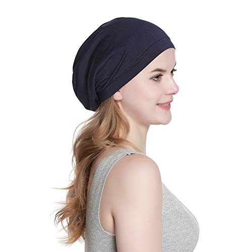 Alnorm Cozy Satin Lined Hat Slumber Cap Slouchy Skull Hat Cotton Bonnet Navy - color: Navy