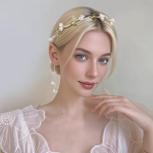 AHONEY White Flower Headband for Women Girls Hair Vine Leaf Boho Headband Wedding Fairy Accessories Headpiece Bridal Crown - color: White