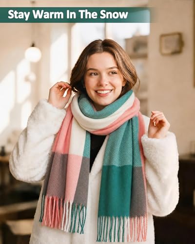 Loritta Womens Scarf Fashion Long Plaid Shawls Wraps Big Grid Winter Warm Lattice Large Scarves Gifts - color: B-pink Green Lattice