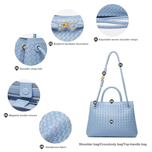 Woven Tote Bag Womens Purse: Vegan Leather Shoulder Handbags - Fashion Summer Beach Tote Bags - Large Travel Totes - color: A8 Medium Light Blue