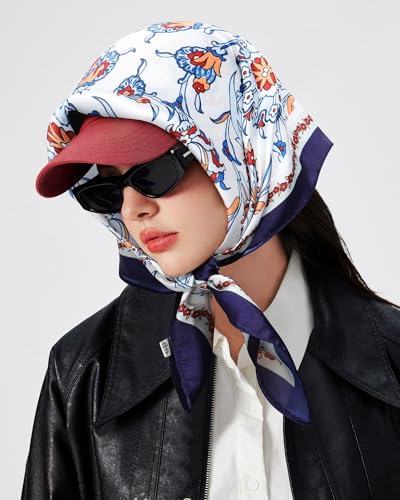 AWAYTR 27.5” Square Satin Head Scarf Hair Scarf for Women's Hair Silk Bandana for Women Silk Head Wrap for Sleeping - color: Flower (Dark Blue + White)