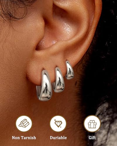 BESTEEL 3Pairs 14K Gold Plated Hoop Earrings Set for Women Chunky Earring Silver Plated Hypoallergenic Small Huggie Hoops Lightweight Tiny Thick Trendy Hoop Earrings Stacks for Multiple Piercing - color: Steel color