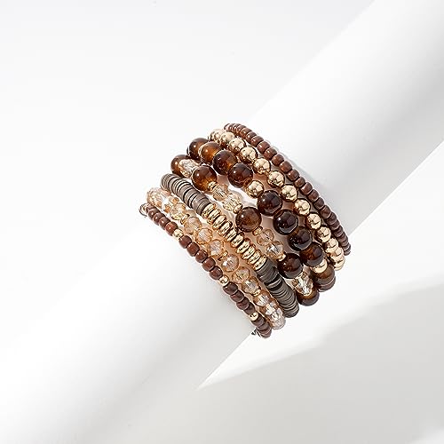GOOJIDS Surfer Heishi Clay Bead Bracelets for Women Bohemian Stackable Gold Plated Beaded Stretch Bracelets Elastic Layering Friendship Bracelets Set Boho Jewelry - color: W-4 Brown Beads Bracelet